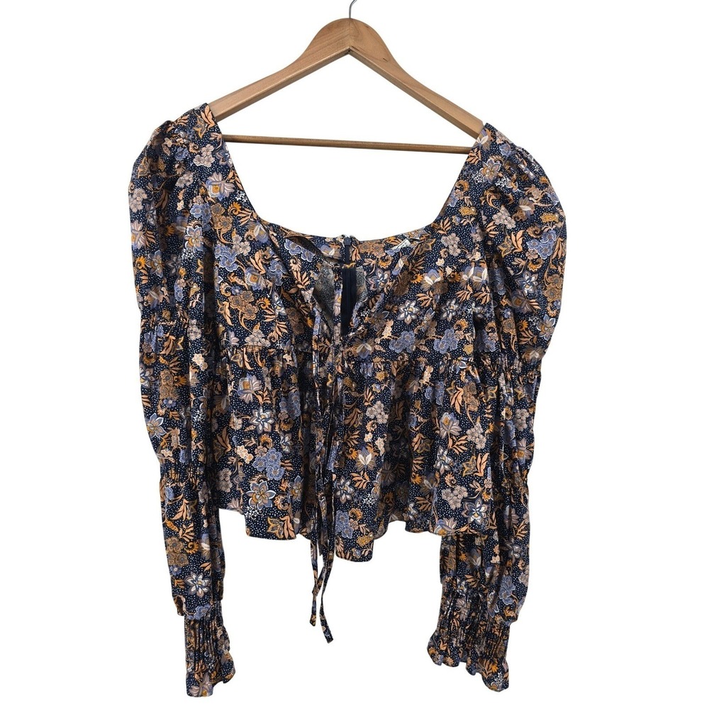 Topshop Blouse Womens 10 Blue Floral Boho Square Neck Puff Sleeve Tie Front Zip
